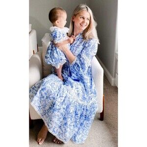 PETITE MAISON KIDS Jaylin Mom Dress XS Blue White Floral A Line Linen Silk Blend
